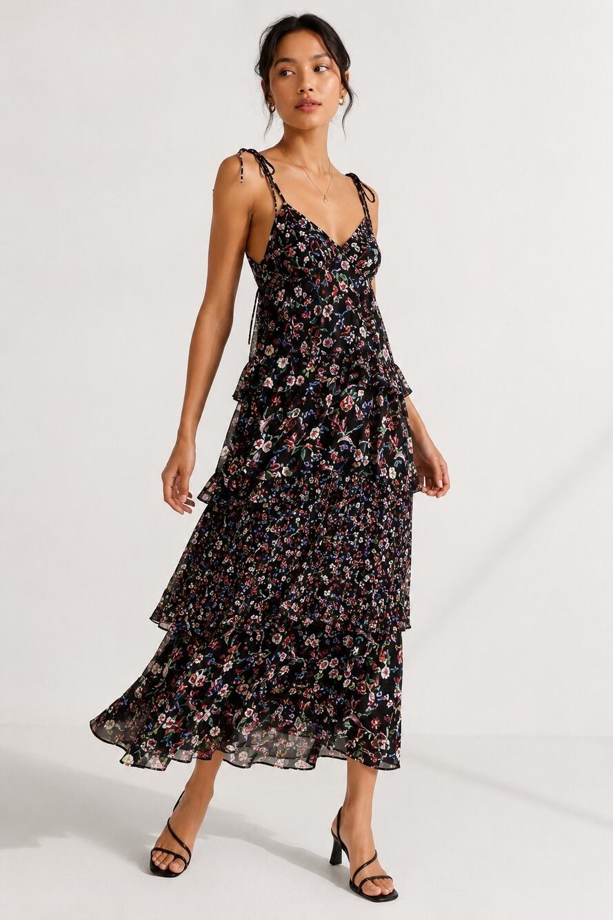 Club Monaco Suuki Floral Tiered Midi Dress Romantic Ruffle Black Size 10